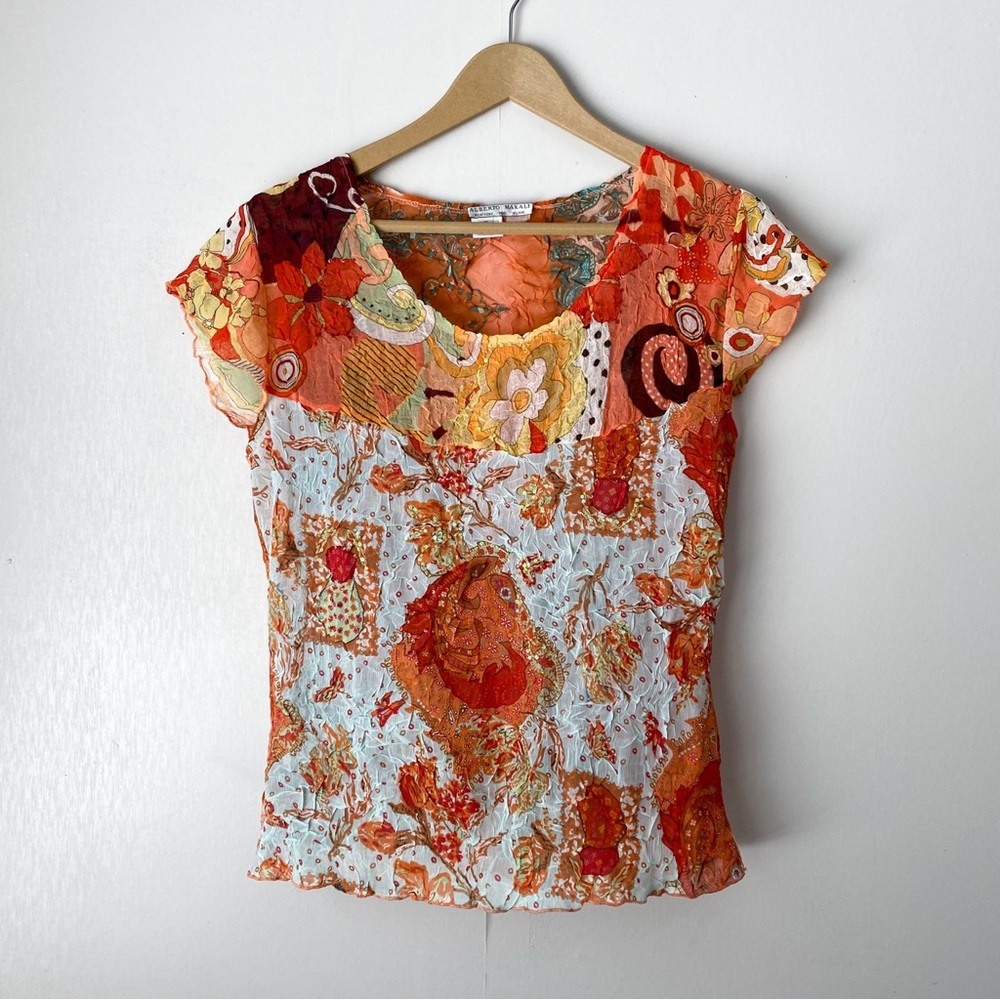 Vintage Y2K Alberto Makali Artsy Crinkle Flutter Sleeve Blouse